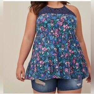 Torrid 3X Textured Jersey Crochet High Neck Tiered Top Tunic Blue Floral